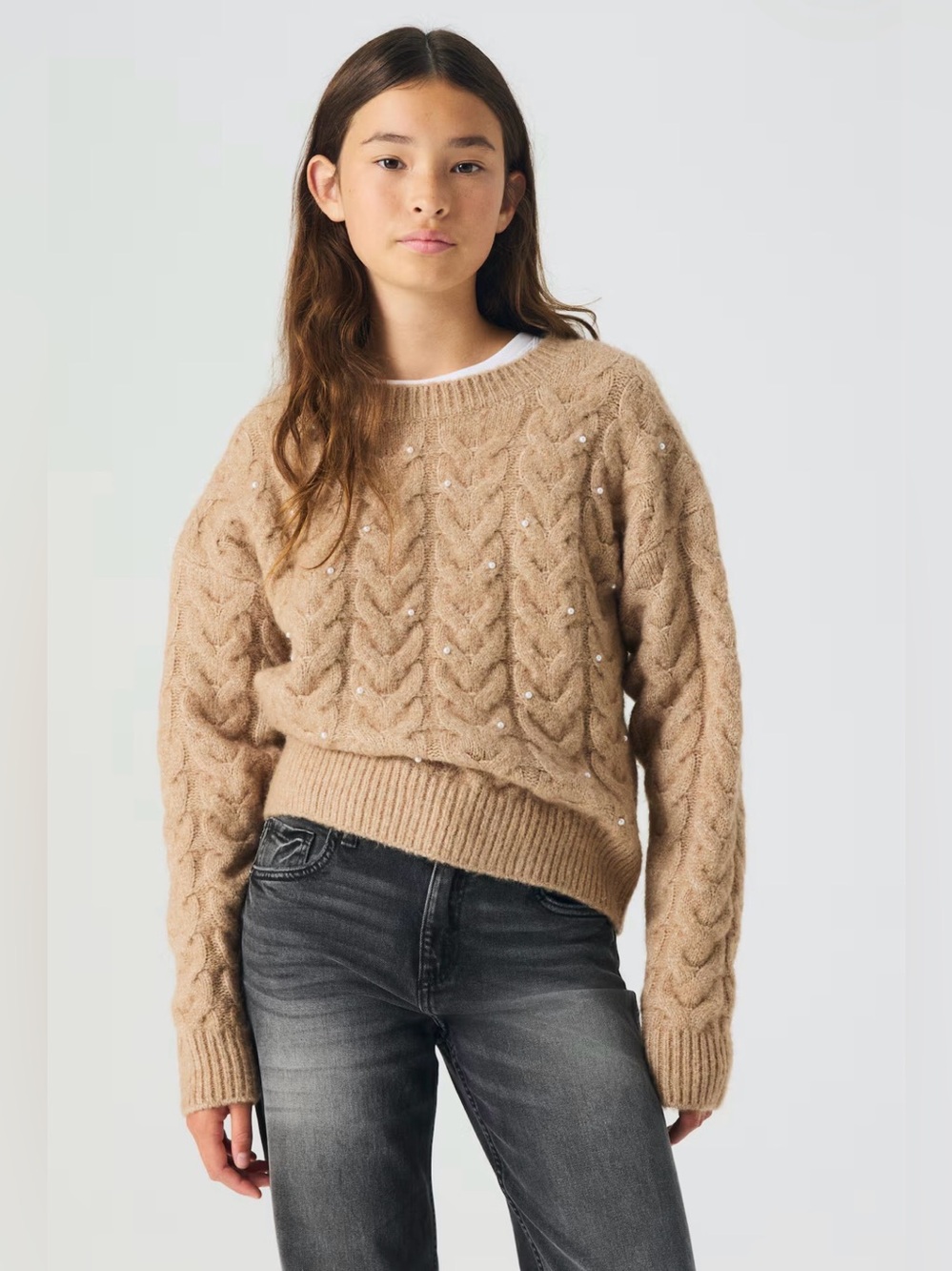 H&M Pearl Embellished Cable Knit Crewneck Sweater - Tan
